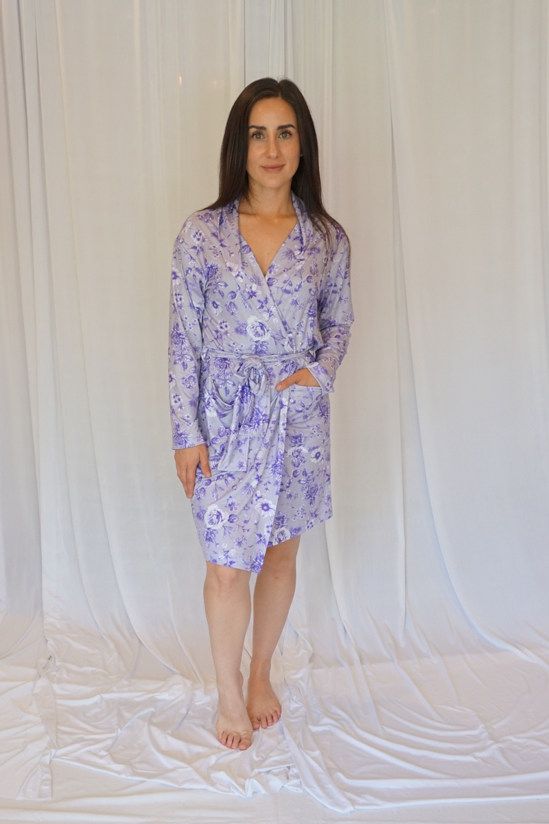 Cooling Robe Slinky Cooling Purple Floral Bathrobe Women's Knee Length Robe at ...