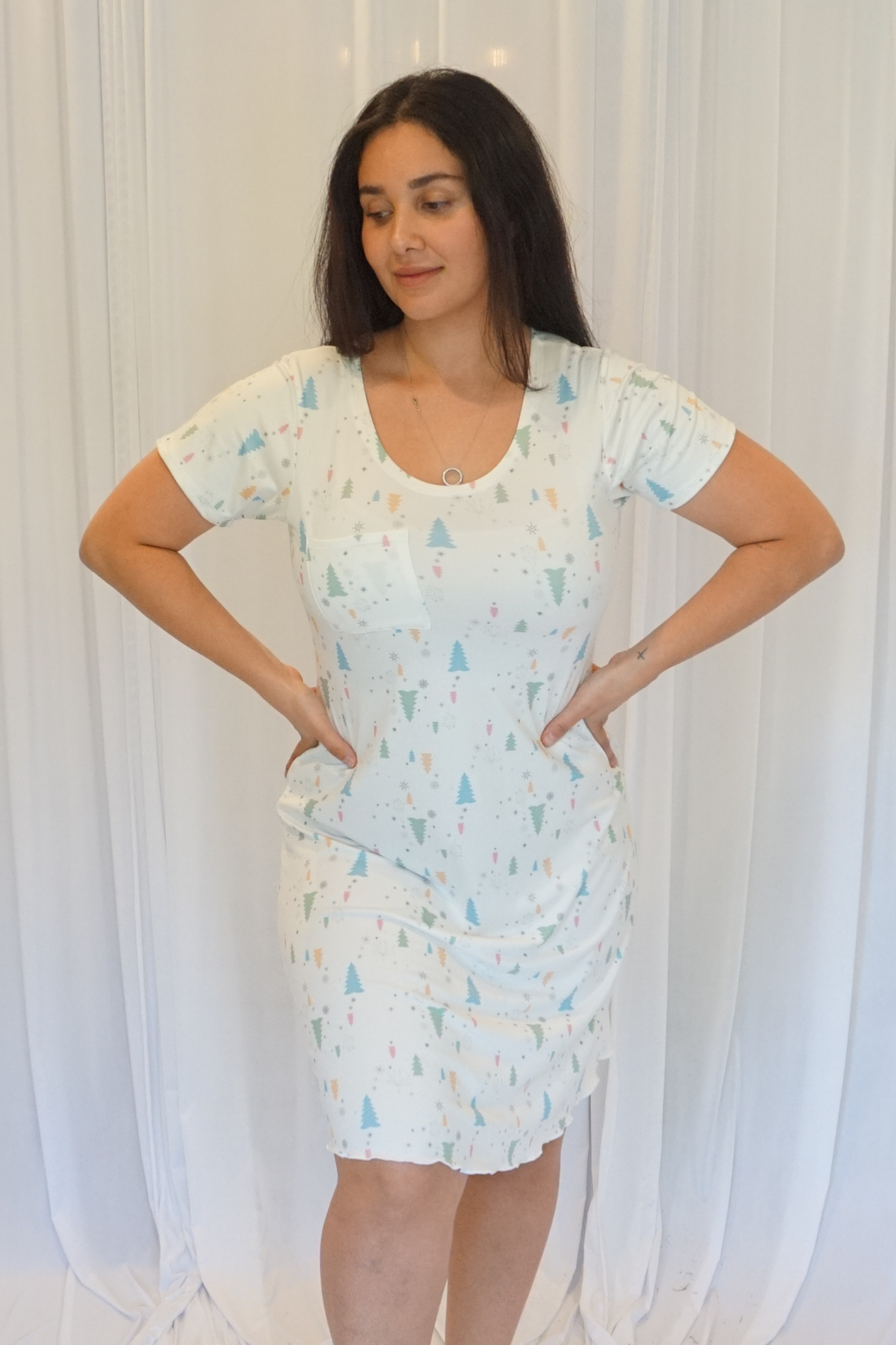 Cozy Christmas White Sleeve Night Gown Women's Knee Length Night Wear at Colada Co Clothing Store. Medium / White / Cozy