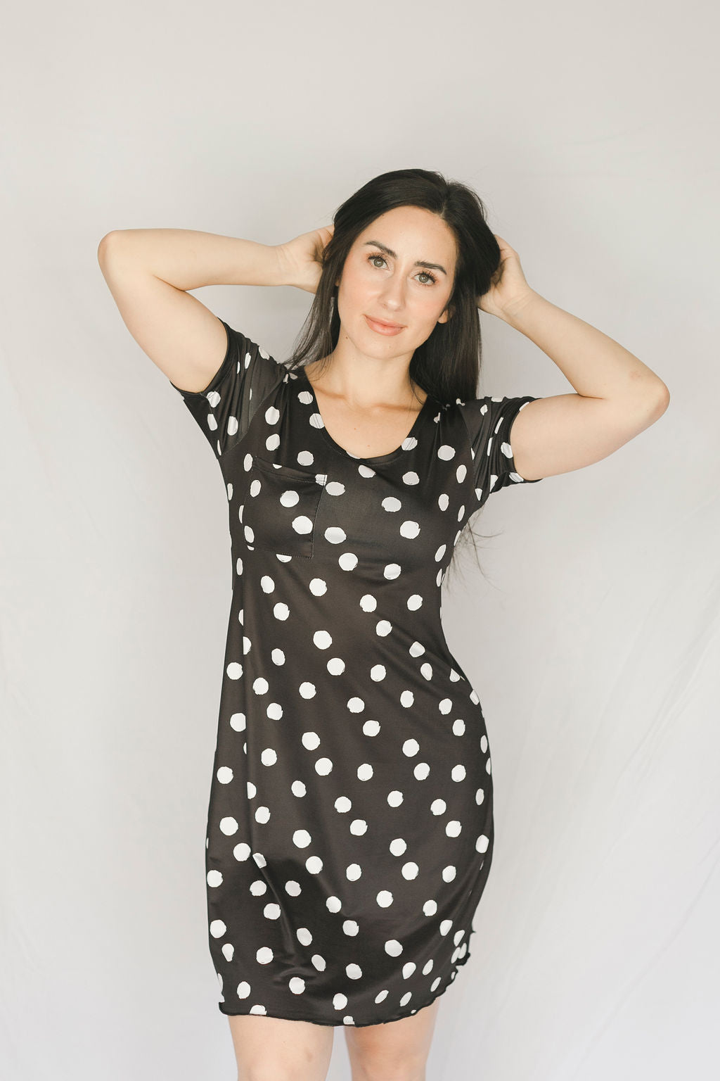 cooling dress for women Cooling Polka Dot Sleeve Night Gown Women's Knee Length Night Wear at Colada Co Clothing Store. Medium / Black / Cooling